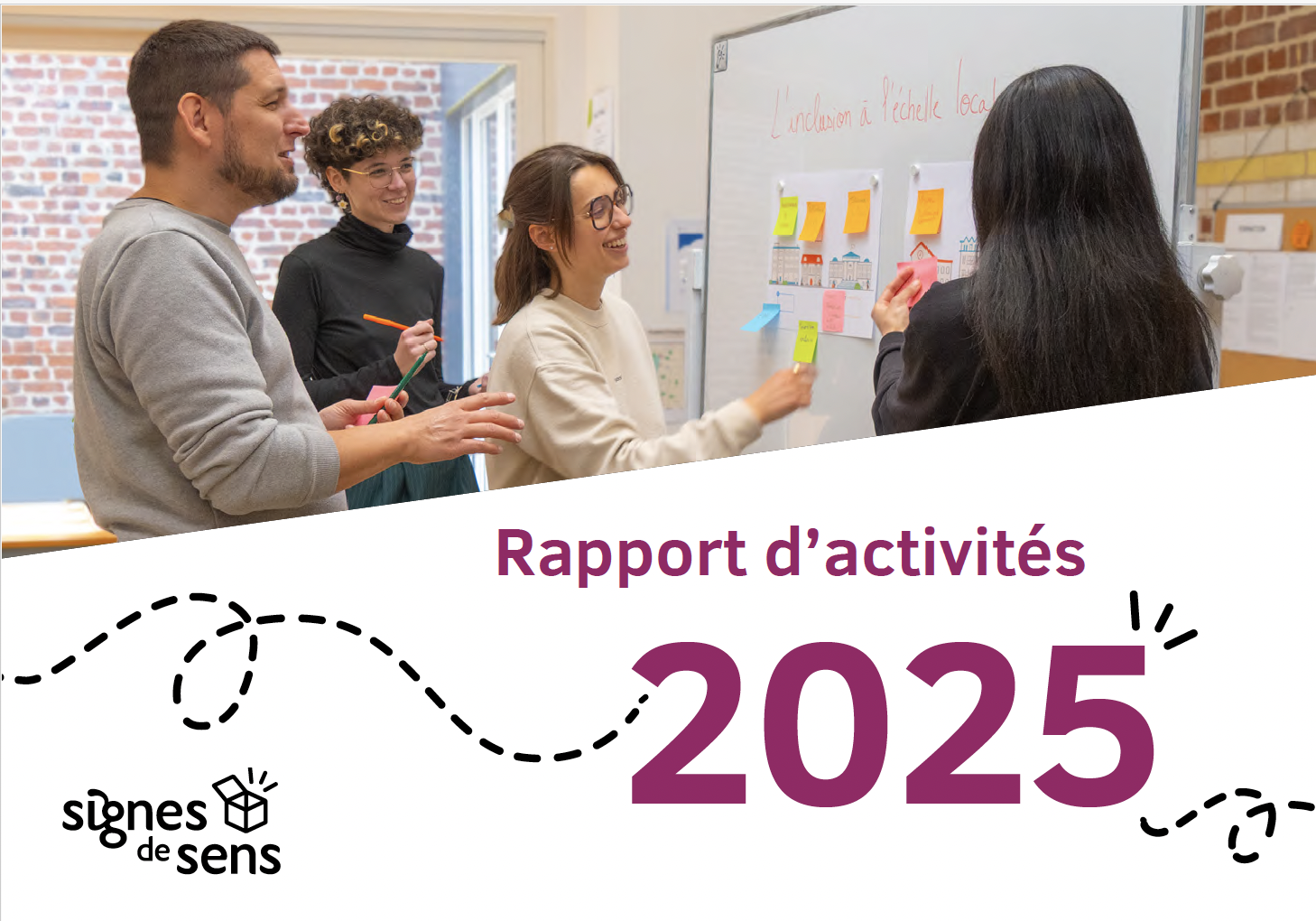 Couverture du rapport d'activités 2025 de Signes de sens, on y voit 4 personnes en train de participer à un atelier.
